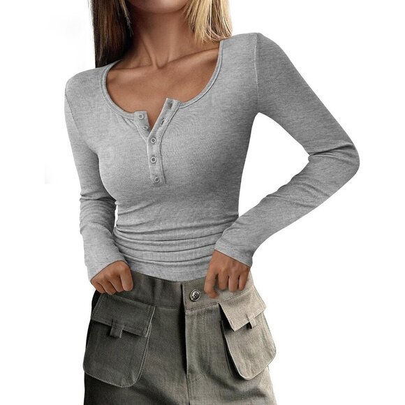 Tops - Women's Ribbed Knit Henley Shirt Slim Fit Long Sleeve Casual Top